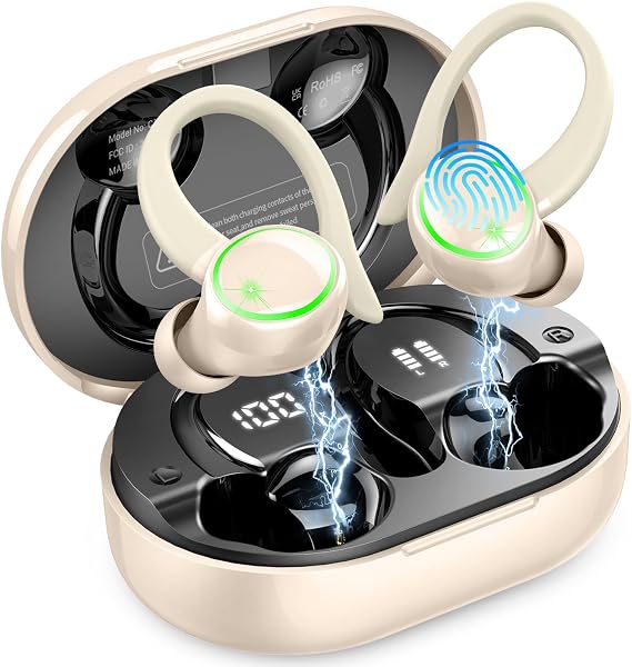 Wireless Earbuds, Bluetooth 5.4 Headphones Sports, 50H Playback Over-Ear buds with ENC Noise Cancelling Mic, Deep Bass Earphones with Earhooks, IP7 Waterproof Headset for Running Workout Off-white