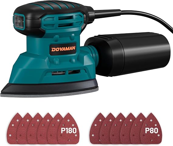 DOVAMAN 130W Detail Sander, 12000RPM Palm Sander Tool | Electric Sander with Dust Collection System, 12PCS Sandpaper, Compact Hand Tool for Wood Steel Surfaces-DLS03A