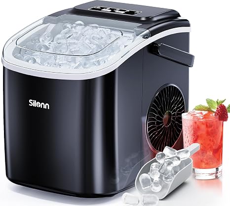 Silonn Ice Makers Countertop, Portable Ice Maker with Self-Cleaning 9 Cubes Ready in 6 Mins 26Lbs/24H 2 Sizes of Bullet Ice, Ice Machine for Home Kitchen and Office