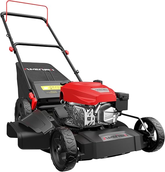 AMERISUN 21" Gas Lawn Mower, 3-in-1 Gas Powered Push Mower, 144cc 4-Stroke OHV Engine, 6 Height Adjustment, Efficient Steel Deck, 1.4 Bushel Grass Catcher with Bagging, Mulching & Side Discharge