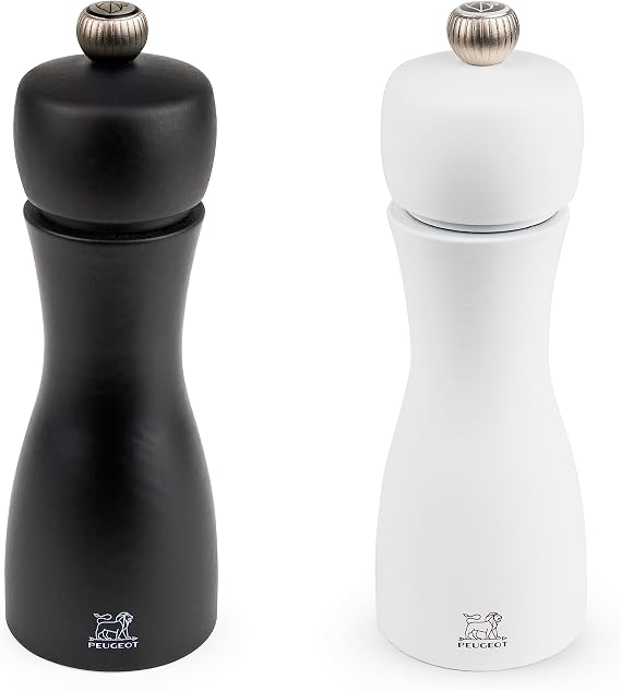 PEUGEOT - Karabiber değirmeni + Tuz değirmeni Tahiti 15 cm Duo + Karabiber + Kristal Tuz - Klasik Öğütme Derecesi Ayarı - PEFC Sertifikalı Ahşaptan - Fransız Know-how - Siyah ve Mat Beyaz