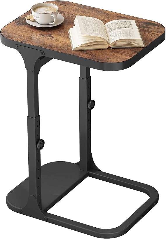Kitstorack Ultra Stable & Durable End Table, Ajustable Height C Shaped Side Table for Couch, Sofa Side Table with Thickened Metal Frame for Living Room, Bedroom, Rustic