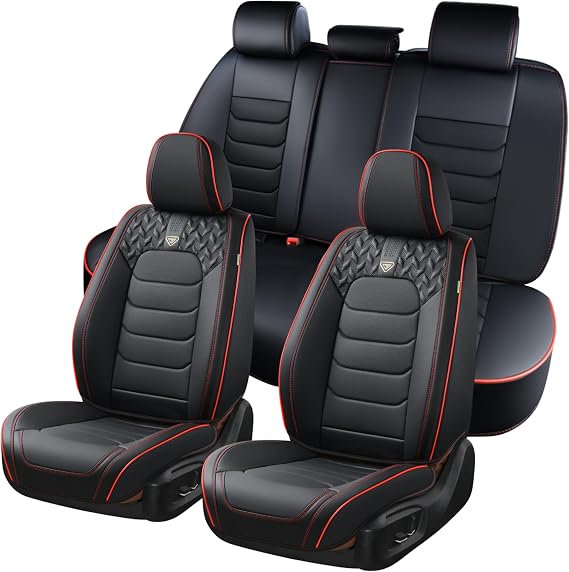 FLORICH Seat Covers Full Set,Leather Seat Covers, Front and Rear Seats Cover 5 Seats, Waterproof Car Seat Cushion Protector Accessories for Sedan SUV Pick-up Truck(Black&Red line, Full Set)