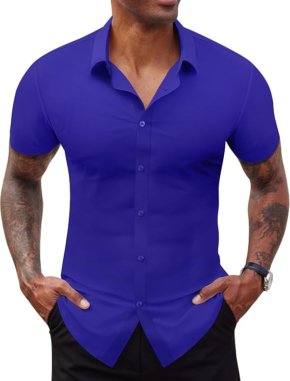 Lion Nardo Stretch Dress Shirts for Men Short Sleeve Slim Fit Casual Button Down Shirts Muscle Fit Men's Dress Shirts