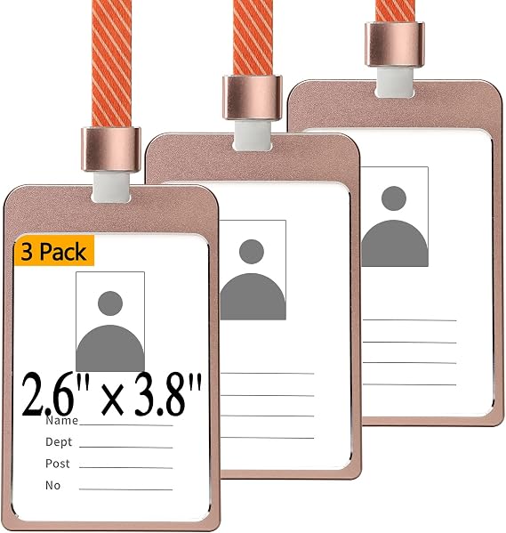 Badge Holder Large with Lanyard,3pcs Vertical Aluminium Alloy Metal Id Badge Holder with Clip,Name Tag Holders Dual Clear Side(2.63.8 inches Inner Size) Rose Gold
