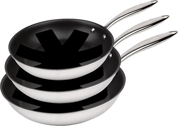 MasterPRO Argent 3 | 3 Non-Stick Frying Pans 20, 24 and 28 cm | Triple Layer Stainless Steel and Forged Aluminium | with Ergonomic Handle | Stainless Steel Frying Pan | for All Types of Kitchens