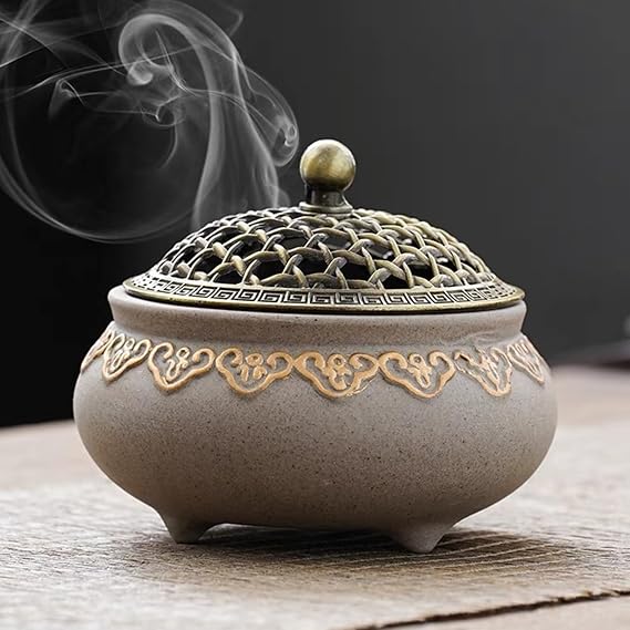 Vintage Ceramic Incense Burner Incense Holder Round Chinese Porcelain Incense Bowl with Metal Lid and Fireproof for Home Living Room Meditation Room Office Decoration
