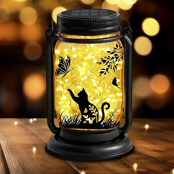 YJFWAL Solar Cat & Butterfly Lanterns Outdoor Waterproof - Cat Lover Gifts for Women Mom Grandmom Birthday Mothers Day, LED Hanging Mason Jar Fairy Lights for Garden Yard Patio Decor