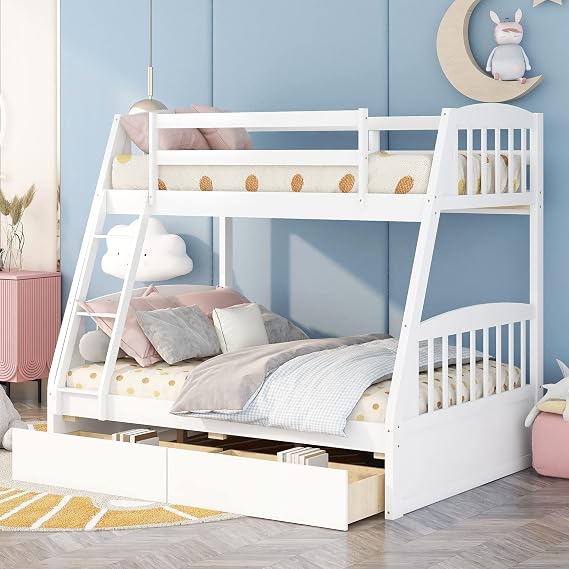 Harper & Bright Designs Solid Wood Twin Over Full Bunk Beds with Storage Drawers, Bunk Beds for Kids with Ladder and Guard Rail, White