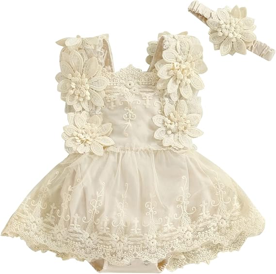 Newborn Baby Girl Lace Rompers Birthday Princess Dress Mesh Jumpsuits Tulle One-Piece Headband Summer Onesie