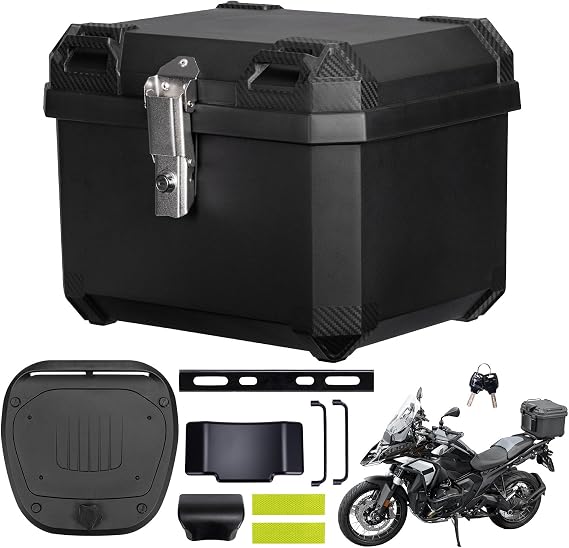 KEMIMOTO Motorcycle Top Case 45L, Universal Plastic Motorbike Trunk with Lining, Waterproof Detachable Motorcycle Top Box with Lock & Back Cushion (Black)