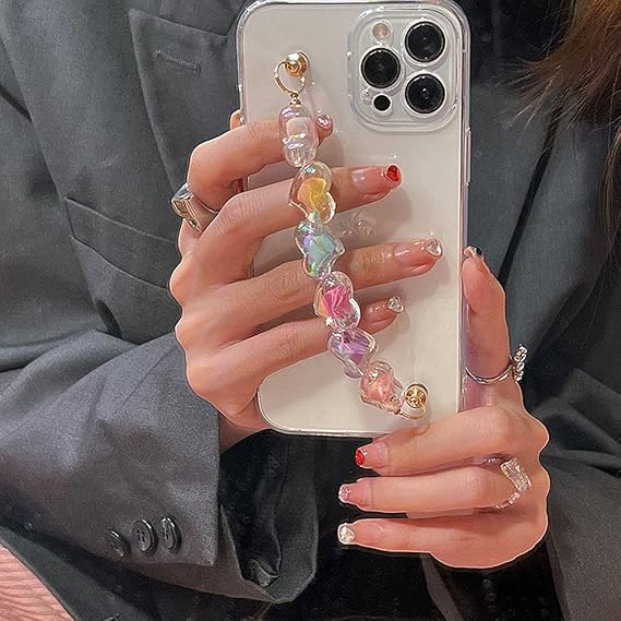 Transparent Love Chain Bracelets Phone Case for iPhone 12 Pro Max 6.7 inch with Hand Wrist Strap Clear Cute Cell Phone Cover Skin for Apple iPhone 12 Pro Max Cases