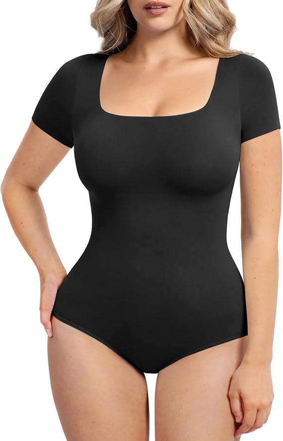 FeelinGirl Short Sleeve Shapewear Bodysuit | Light Compression Bodysuit for Women Tummy Control, Square Neck Seamless Body Suit, Date Night Outfit