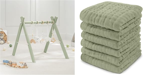 Comfy Cubs Wooden Baby Play Gym and Muslin Baby Washcloths Bundled