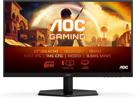 AOC 27G42E 27 inch FHD Gaming Monitor 180Hz, Fast IPS Panel, 1ms GtG, HDR10, G-Sync Compatible, (1920x1080 HDMI 1x 2.0 DP 1x 1.4) Black