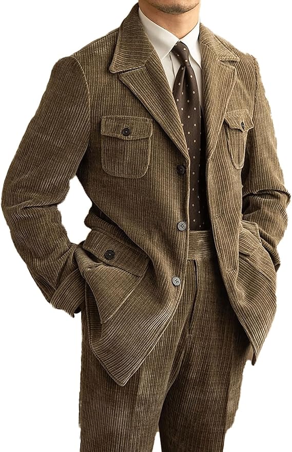Men's Corduroy Safari Blazer Men Suit Casual Jacket Vintage Sport Coat Military Style 4 Pockets