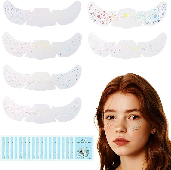 Glittering Freckles Face Tattoos, 6 Pieces Waterproof Holographic Colour-Changing Makeup Glitter Freckles and 6 Removal Wipes