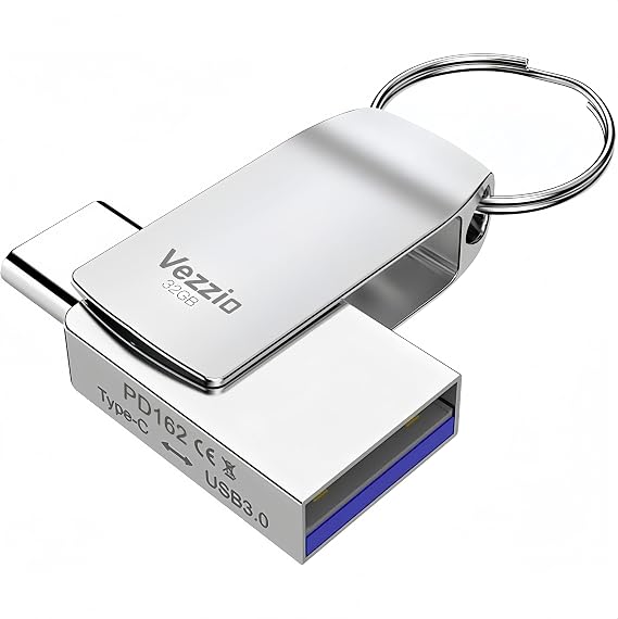 32GB Type C USB Flash Drive,Vezzio 2 in 1 Dual Port USB3.0 Memory Stick High Speed for Mobile Phone Computer Mac Book USB c Drive