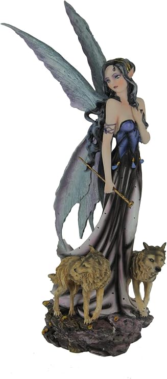 Everspring Blue Fairy in Long Dress Walking with Twin Wolves Statue