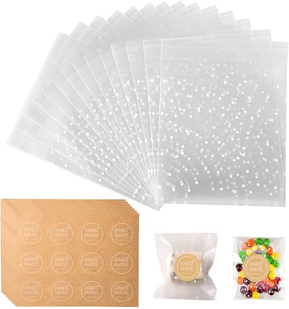 404 PCS White Polka Dot Cookie Bags with Handmade Stickers,200 Clear Cellophane Bags + 204 Handmade Sticker for Packaging Party Gift Giving Bakery Candy Cookie Chocolate (4 x 4 Inches)