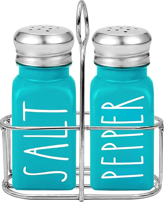 Teal Salt and Pepper Shakers Set with Holder by Brighter Barns - Turquoise Kitchen Decor and Accessories - Cute Salt and Pepper Set with Caddy - Modern Farmhouse Glass Shakers for Dining Table Teal