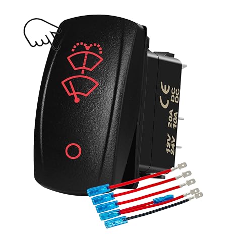 Waterproof Windshield Wiper Washer Rocker Switch with Red LED 6Pin DPDT (ON)-ON-Off 12V for Jeep Polaris RZR Tractors Trucks Boats