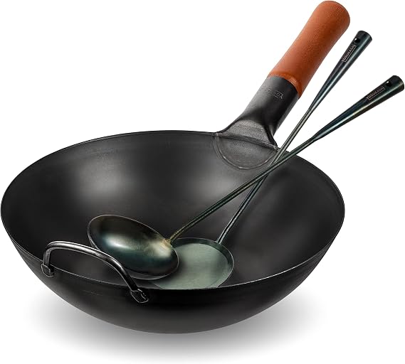 YOSUKATA Carbon Steel Wok Pan 11,8 - Blue Carbon Steel 17-inch Wok Spatula, Ladle, 3 pairs of Chopsticks Visit the Store