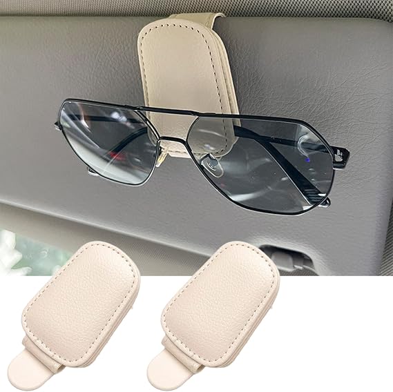 GoldenLife Sunglass Holder for Car, Magnetic Leather Sunglasses Holder and Ticket Card Clip, Car Visor Accessories, 2 Packs(Beige)