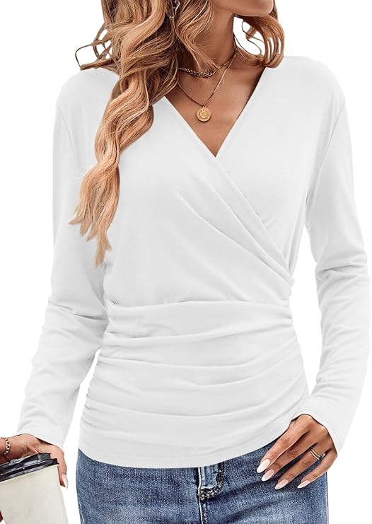 EasyGala Womens Wrap Long Sleeve Shirts Ruched V Neck Tops Sexy Dressy Slim Fit Fall Outfits 2026