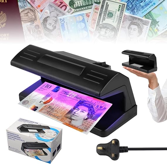 Note Checker for Counterfeit Money Detection UK Plug Portable UV Light Detector for Polymer and Paper Notes Fluorescent Mark Tracer for Home Shops Hotels Supermarkets Restaurants