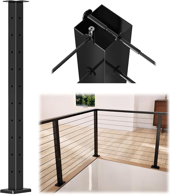 Muzata 36" Black Cable Railing Corner Post Surface Mount PS02 B34S