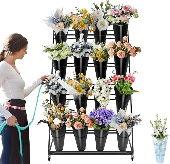 Flower Display Stands with Buckets, 4-Tier Rolling Plant Stand with Locking Wheels - Metal Flower Cart for Indoor/Outdoor Use, Wedding Decor & Florist Displays can hold 16 flowers or potted plants