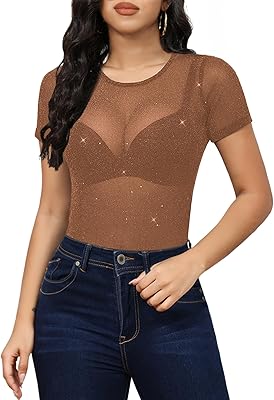 Allchic Glitter Sheer Mesh Tops for Women Short Sleeve Blouses Club T Shirts
