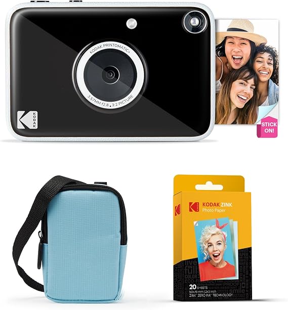Kodak Printomatic+ Instant Print Digital Camera Starter Bundle + Carrying Case (Blue) + Zink 20pk Sticky-Back Photo Paper - 10MP, Full-Color Photos, GB LED Status Indicator - Black