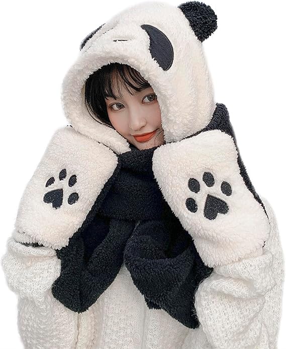 3 in 1 Panda Hat Scarf and Gloves for Women Girls Winter Warm Furry Hood with Hand Pocket Mittens Windproof Cycling Hat Gloves Neck Warmers Thick Plush Animal Cosplay Headwear