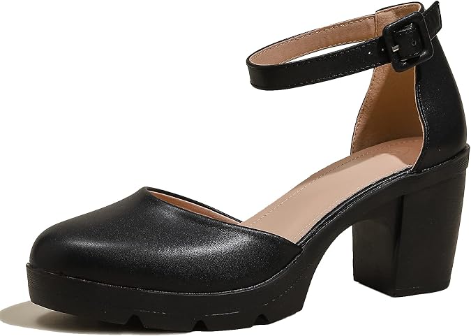 DADAWEN Women's Closed Toe Low Block Chunky Heels Round Toe Ankle Strap Wedding Work Dress Pump Shoes