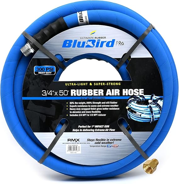 BLUBIRD BB3450 3/4" x 50' Rubber Air Hose, 100% Rubber, Lightest, Strongest, Most Flexible, 300 PSI, 50F to 190F Degrees, Ozone Resistant, High Strength Polyester Braided