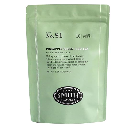 Steven Smith Teamaker, Pineapple Green Iced Tea,10 One Quart Sachets | Full Leaf Green Iced Tea, Caffeinated, Refreshing, Sugar Free, Sustainably Grown, Plant Based Sachets, Microplastic-Free