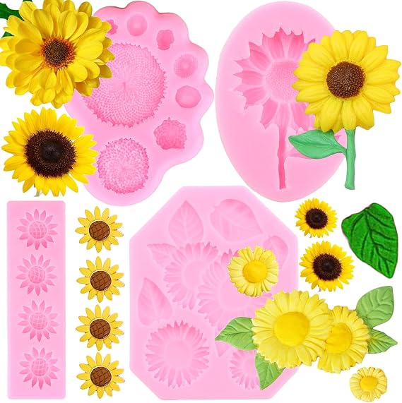 ZiXiang Sunflower Fondant Molds Sunflower Stamen Silicone Mold For Cake Decorating Cupcake Topper Chocolate Candy Polymer Clay Gum Paste Set of 4