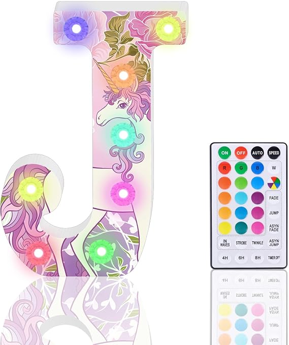 Light Up Letters, Glitter LED Letter Lights 18 Color Changing Diamond Alphabet Sign Night Light with Remote Control for Girls Gifts Birthday Bar Wedding Party Christmas Valentine Wall Table Decor - J [Energy Class A+++]