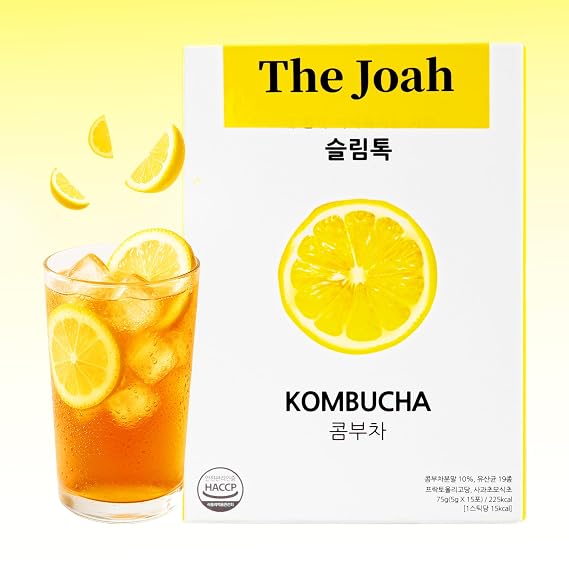 The Joah Lemon Kombucha Powder Sticks, 15 Count (0.18oz15) - Sugar Free Drink Mix with Probiotics, Prebiotics, Vitamins & Minerals, Sparkling Lemon Flavor