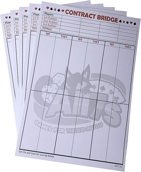 All7s Premium Contract Bridge Score Pad with Game Instructions, Set of 5 Pads (250 Sheets)
