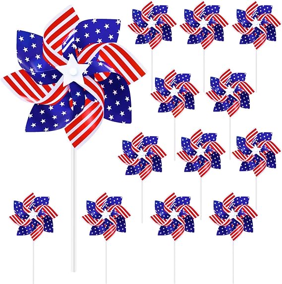 12 Pack 8 Inches American Flag Patriotic Pinwheels Windmill Wind Spinner for Yard Garden Lawn Fourth of July Independence Day Party Decorations