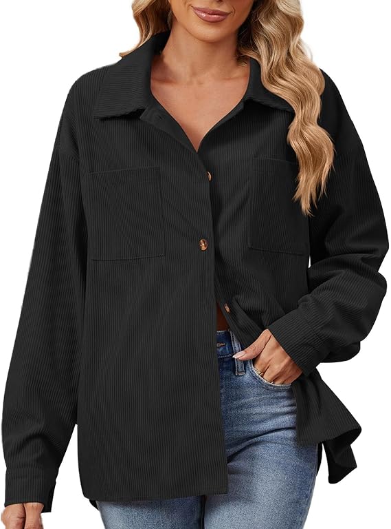 Lolvmvchi Women's Autumn Solid Color Corduroy Flip Tie Pocket Loose Casual Long Sleeved Shirt Outerwear Zipper Jackets F