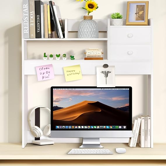 YGYQZ Desk Shelf, White Wooden Desktop Bookshelf, Multipurpose Desk Hutch Shelf Organiser Display Rack Storage for Office, Home, Dormitory