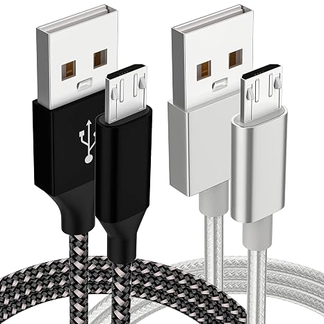 Micro USB Cable [2 Pack] 10FT Android Charger Cable Long Braided Fast Charging Sync Cord Compatible with Galaxy S7 S6 Edge, Kindle, Android Smartphones, Tablets, E-Reader, PS4 Pro/Slim, Silver, Black