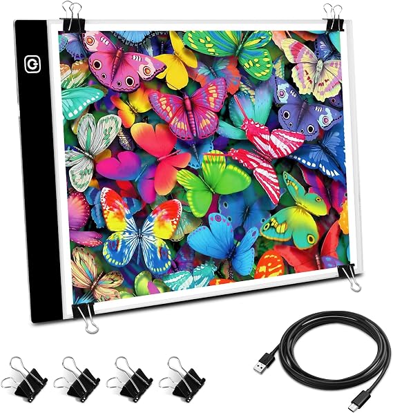 Funshot A4 Led Light Pad Tracing Light Box with USB Power Cable and 4 Fasten Clips,3 Levels of Brightness,Diamond Art Light Board,Sketching,Painting, Sketching,Tracing