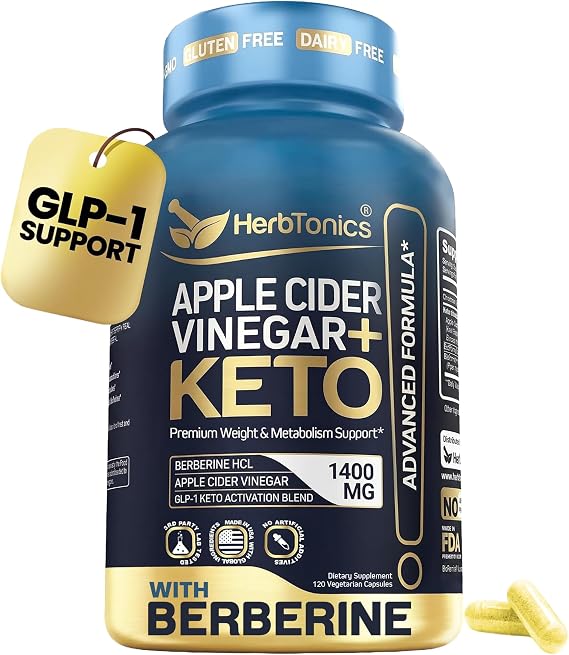 Herbtonics Apple Cider Vinegar + Keto Advanced with Berberine | GLP-1 Support for Appetite, Cravings & Weight Management | Ceylon Cinnamon, Chromium & MCT | 120 Capsules, 2-Month Supply