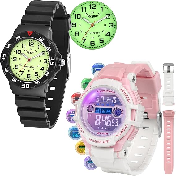 PROKING Kids Digital Watches for Boys Teen Girls, 7 Color Lights Waterproof Sports Watch for Kids with Stopwatch Alarm and Luminous Nurse Watch with Second Hand