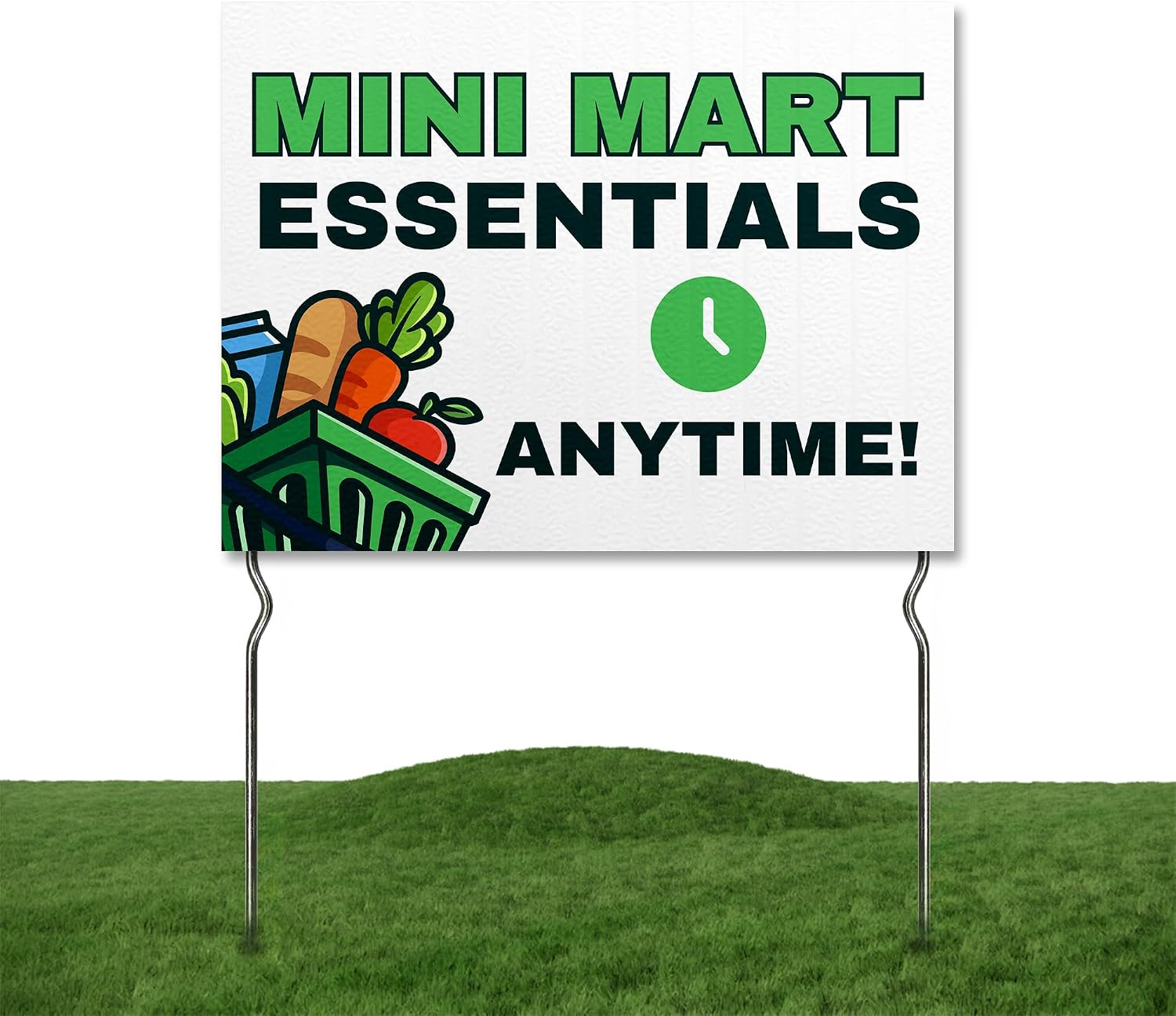 Mini-Mart - Essentials Anytime! Yard Sign by DC | 24x18 Double Sided Conv. Store Garden Sign with 13” Metal Stakes | Outdoor Signs Waterproof for Lawn, Patio, Sidewalk & House | Set of 2